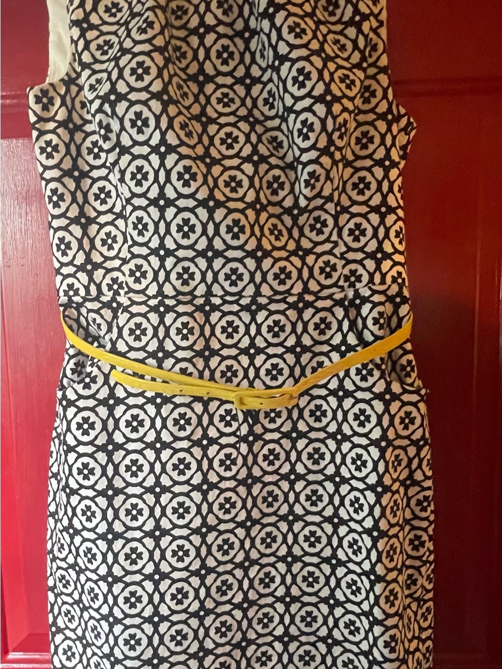 Chaps Black and White Geometric Midi Dress with Yellow Belt